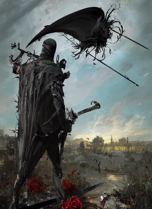 Image similar to grim reaper + scythe and black rose + kodachrome, 2 d, 3 d, ray tracing global illumination, insanely detailed and intricate, hypermaximalist, elegant, ornate, hyper realistic, super detailed : : by ismail inceoglu, by john constable