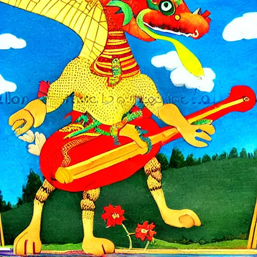 Image similar to russian dragon playing balalika guitar, children tales style,