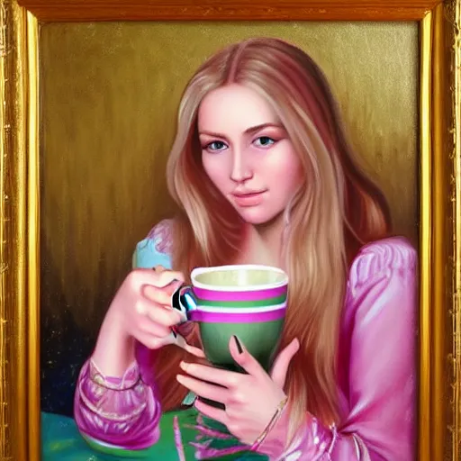 Prompt: highly detailed painting of beautiful russian girl with long blond hair playing a pink keyboard with a cup of tea, realistic,