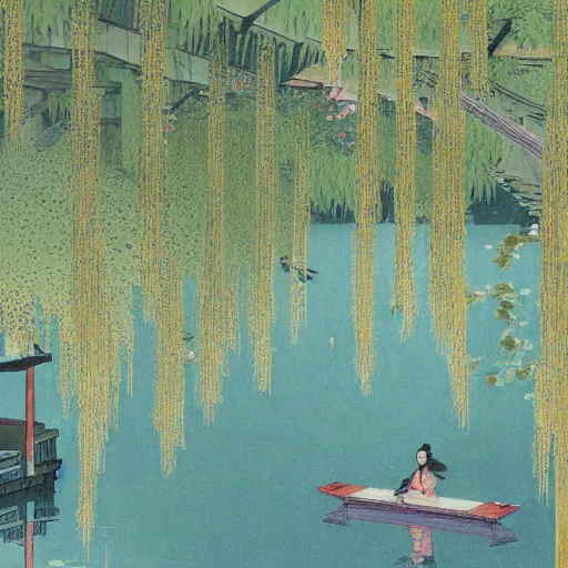 Prompt: An extremely detailed painting of a Japanese pavilion hanging over glassy waters, gardens of Weeping Willows and Japanese Stewartia, in the style of Magic the Gathering, 4k, mirror lake, highly detailed, f32, trending on artstation, by Makoto Shinkai and Hokusai and Utagawa Hiroshige