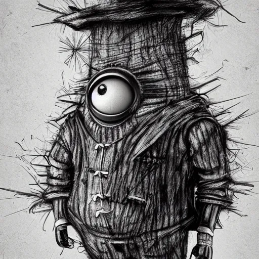 Prompt: surrealism grunge cartoon portrait sketch of a Minion, by michael karcz, loony toons style, freddy krueger style, horror theme, detailed, elegant, intricate