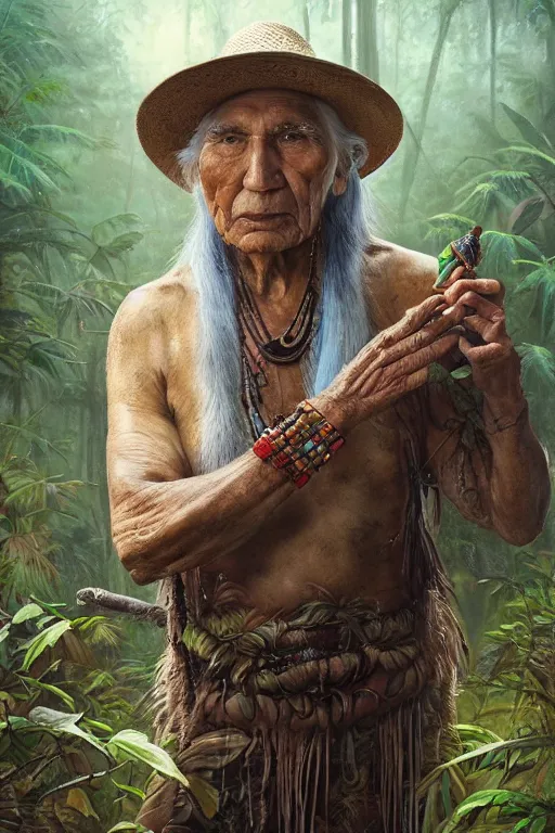 Image similar to a beautiful portrait of chief dan george taking tobacco snuff in the jungle, hyper realistic face, fantasy art, in the style of greg rutkowski, intricate, matte painting, hyper detailed, smooth