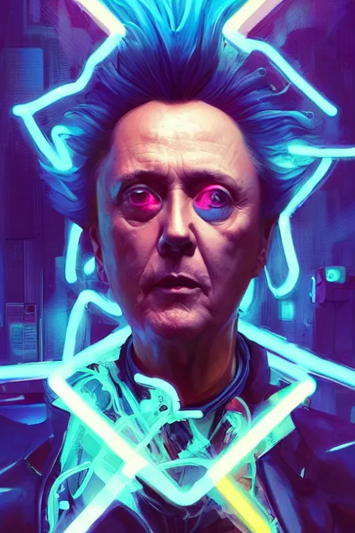 Prompt: a cyberpunk christopher walken with blue hair, neon colors, concept art by artgerm and greg rutkowski and caravaggio and moebius