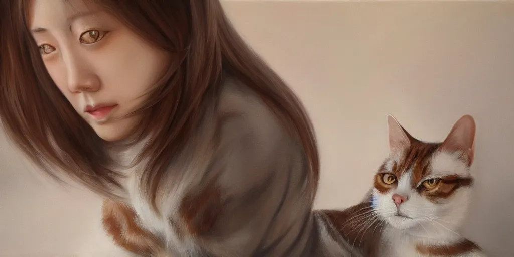 Image similar to a Japanese girl with a brown and white tabby cat , cinematic lighting, detailed oil painting, hyperrealistic, 8k