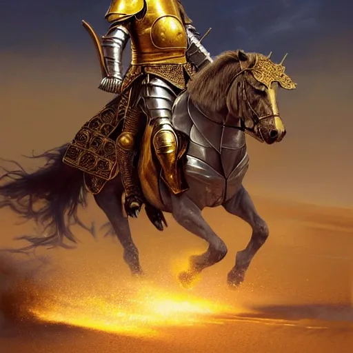 Image similar to Realistic photo of the king of the Desert in Battle, Knight with a golden helmet and a Silver Armour, Sand, Heroic Battle Scene, dark fantasy, intricate, cinematic lighting, highly detailed, digital art, trending on Artstation, 8k, photorealistic, art by Artgerm and Greg Rutkowski and Alphonse Mucha