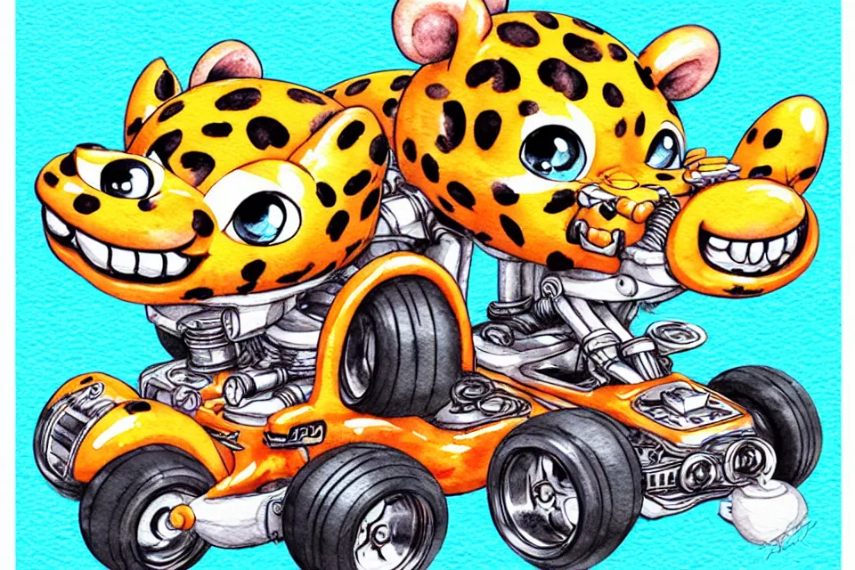 Image similar to cute and funny, baby leopard riding in a tiny go kart with oversized engine, ratfink style by ed roth, centered award winning watercolor pen illustration, isometric illustration by chihiro iwasaki, edited by range murata, tiny details by artgerm and watercolor girl, symmetrically isometrically centered