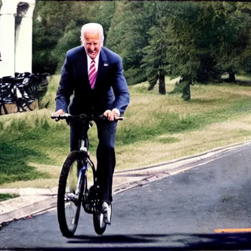 Image similar to ultra realistic photo of joe biden falling off of his bike, film, perfect face, in the style of a candid photo