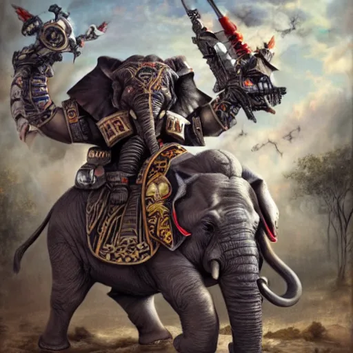 Image similar to joe biden riding an elephant, with warhammer 4 0 k