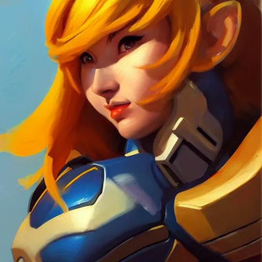 Image similar to Greg Manchess portrait painting of Samus Aran as Overwatch character with League of Legends outfit, medium shot, asymmetrical, profile picture, Organic Painting, sunny day, Matte Painting, bold shapes, hard edges, street art, trending on artstation, by Huang Guangjian and Gil Elvgren and Sachin Teng