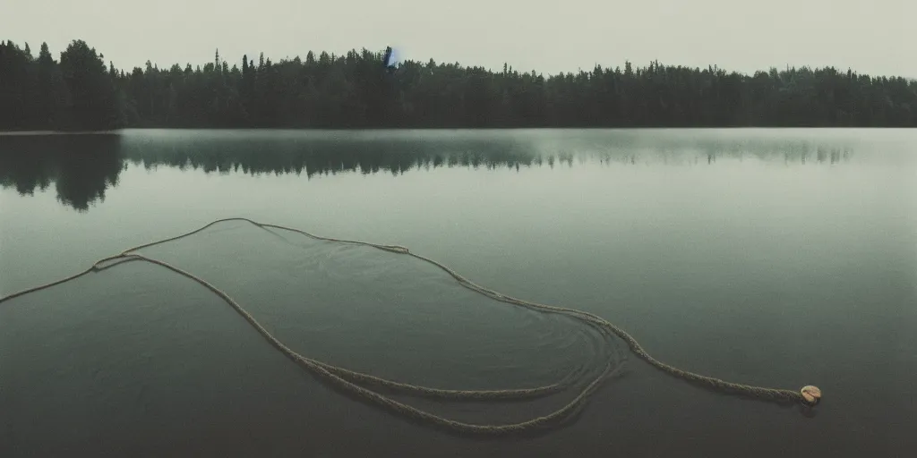 Image similar to symmetrical photograph of an infinitely long rope submerged on the surface of the water, the rope is snaking from the foreground towards the center of the lake, a dark lake on a cloudy day, trees in the background, moody scene, dreamy kodak color stock, anamorphic lens