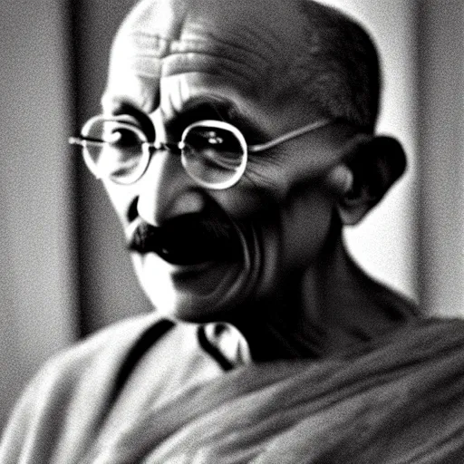 Prompt: Photo of Mahatma Ghandi, close-up, high detail, studio, ominous background, smoke, 85mm Sigma Art Lens