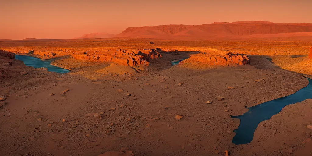 Image similar to a ground - level view of a river bend running through a canyon surrounded by desert mountains at sunset on mars, planet mars, moab, utah, a tilt shift photo by frederic church, trending on unsplash, hudson river school, photo taken with provia, national geographic photo