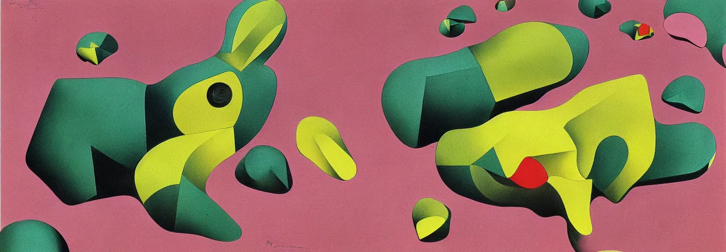 Image similar to rabbit shape pink rock, by m. c. escher, yellow, green, red, snowy, ultra sharp, ultra detailed, cyberpunk, happy, uplifting, colorized by salvador dali