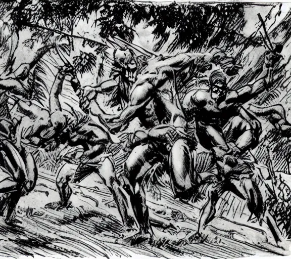 Image similar to four adventurers are chased through the woods, by a group of mantis men, pen and ink, by frank Frazetta