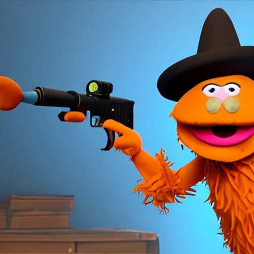 Image similar to bip bippadotta from the muppets as a wizard, fuzzy orange puppet, in fortnite, holding a gun, 3 d unreal engine render