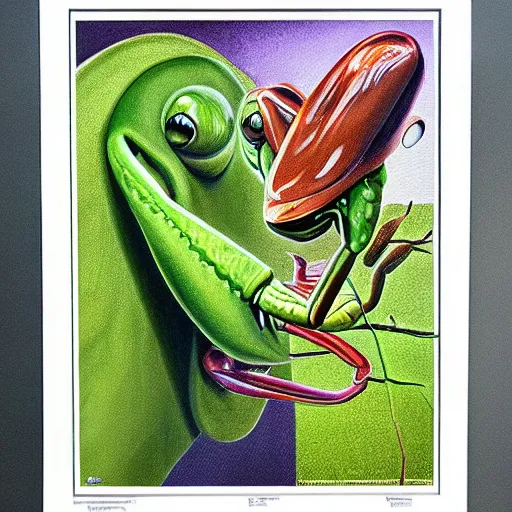 Image similar to beautiful lifelike painting of praying mantis, hyperreal detailed facial features and uv lighting, art by ed roth and basil wolverton