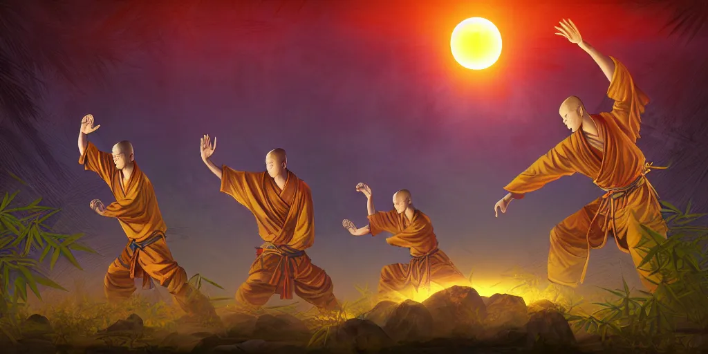 Image similar to [ shaolin monks. orbs of light hover over their open palms ] ( backdrop : shrine / night sky / bamboo / full moon / flora ) fantasy art, digital painting, golden hour, sunburst, highly detailed. realistic award, 8 k concept art, watercolor splash, epic mythology, illustration style of disco elysium