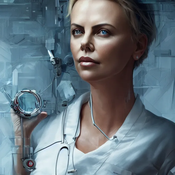 Image similar to portrait of charlize theron as a nurse. intricate abstract. intricate artwork. by tooth wu, wlop, beeple, dan mumford. octane render, trending on artstation, greg rutkowski very coherent symmetrical artwork. cinematic, hyper realism, high detail, octane render, 8 k, iridescent accents