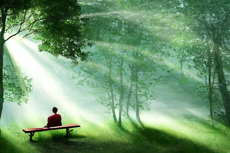 Image similar to a prince sits on a bench in a forest in front of a pond in the center, green color scheme, morning, mist, sun rays, artstation,