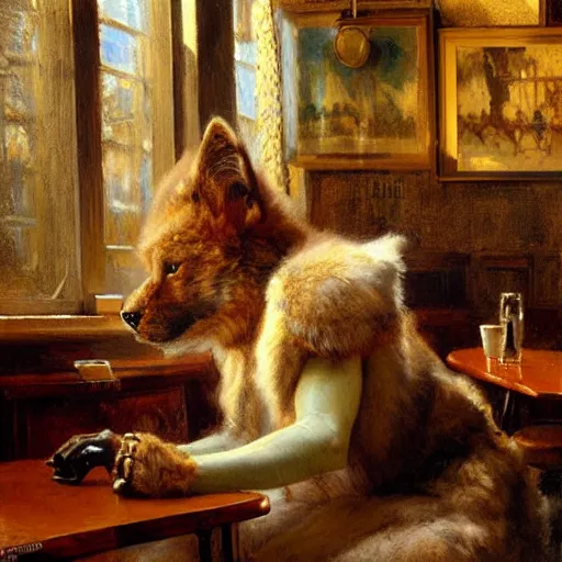 Image similar to a portrait of a furry in a coffee shop, furry body, furry arms, furry legs, furry tail. highly detailed painting by gaston bussiere, craig mullins, j. c. leyendecker, furry