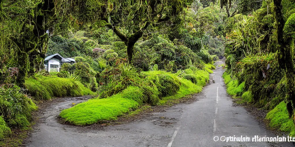 Prompt: a street in khandallah, wellington, new zealand lined by new zealand remnant ancient montane forest. podocarp, rimu, kahikatea, mountain cabbage trees, moss, vines, epiphytes, birds. windy rainy day. people walking in raincoats. 1 9 0 0's colonial cottages. harbour in the distance.