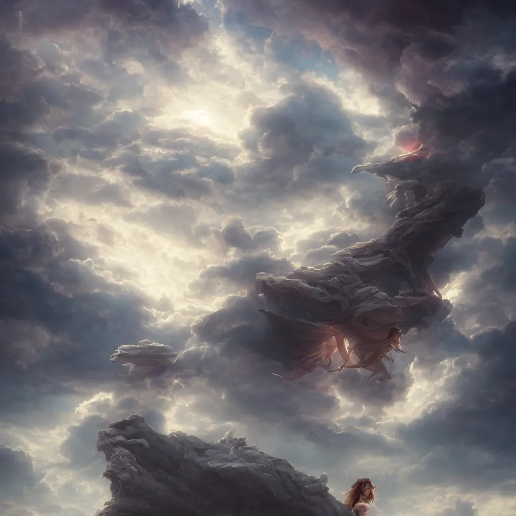 Image similar to lost soul in the clouds, epic shot, very detailed, clear, dawn, by artgerm, julie bell, beeple and Greg Rutkowski, airbrush, fantasy, 90s, Smooth gradients, octane render, 8k, High contrast, depth of field, very coherent artwork