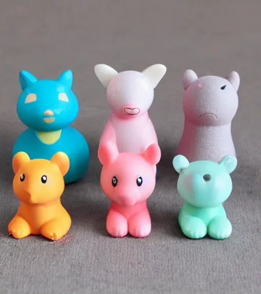 Image similar to some cute plastic toys that look like animal characters, pastel colors