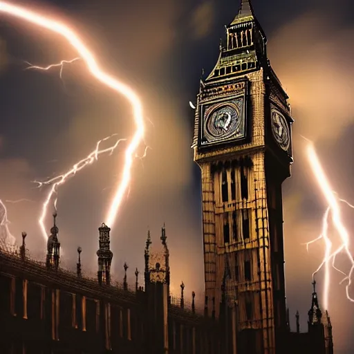 Prompt: Giant Kaiju monster attacks Big Ben in the city of London, breathing lightning fire, night time, cinematic lighting