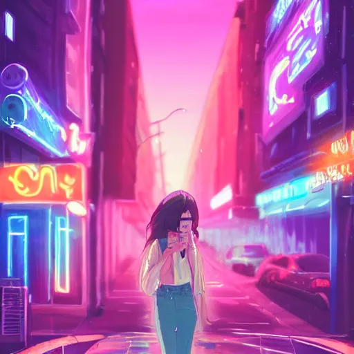 Prompt: listening to music at 2 am, night, pretty hispanic girl, pose, neon rain, lofi, lofi, peaceful, street light, anime key visual, poster, street wears, anime, by ghibli, ghibli studio high quality, 4 k, trending, trending on artstation