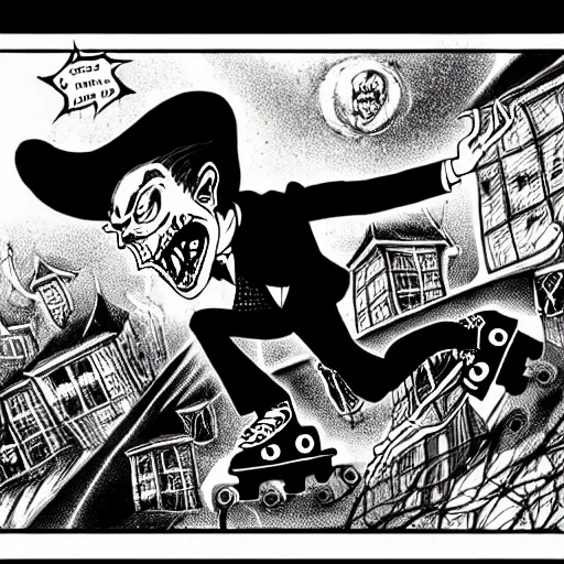 Image similar to black and white trippy comic art depiction of dracula the vampire wearing a suit and roller skating on prominently featured roller skates, zooming down the street with action lines flying past him, drawn by martin rowson, tim burton, alex pardee, nekro petros afshar, cgsociety, awesome, cool, detailed, intricate ink, 4 k