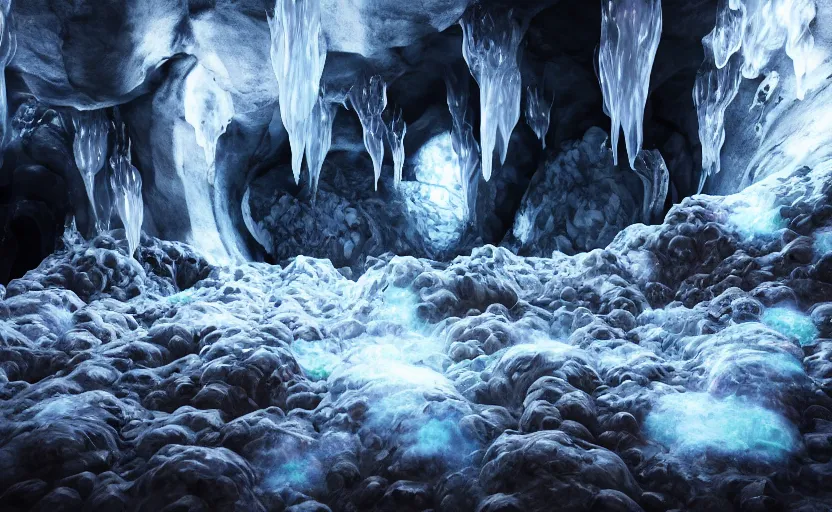 Image similar to liquid nitrogen and with black water-cooling coolant flowing through latent representations of ice caverns by centrifugal forces, high detailed, high contrast, geometric elements, trending on artstation, octane render, subsurface scattering, 4k