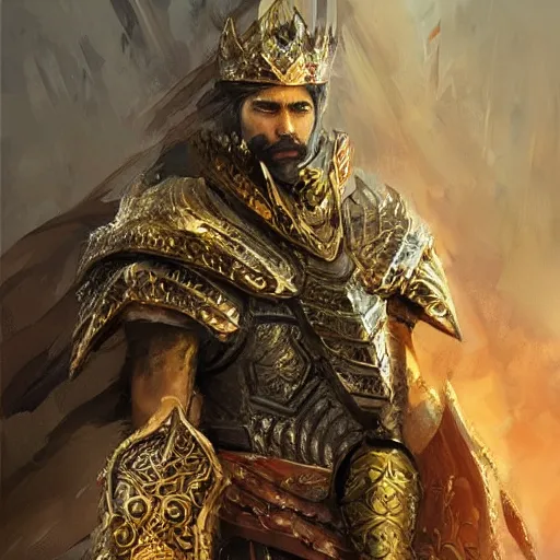 Image similar to An upper body shot portrait of a king with a trimmed beard, dual wielding swords, wearing dragonscale armor and a cheetah pelt cloak, fantasy, digital art by Ruan Jia