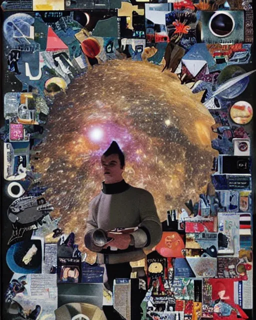 Image similar to Artistic collage, made of random shapes cut from fashion magazines, science magazines, and textbooks, of 2001: A Space Odyssey film poster. 1968