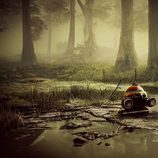 Image similar to realistic render of a small and rusty observation droid in a swamp, eerie atmosphere, fog, cinematic lighting