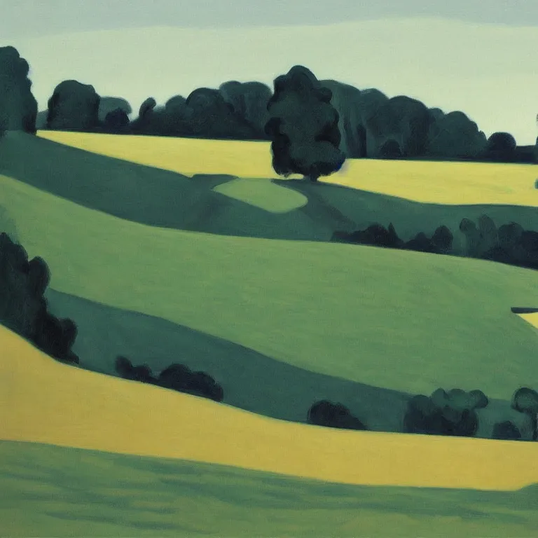 Image similar to dreaming rural landscape with architecture, painted by Alex Katz, painted by Edward Hopper, airbrush