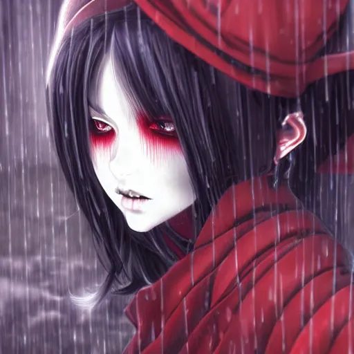 Image similar to beautiful seductive female ghost, in the rain, highly detailed, painting, dark red and black color palette, intricate, high quality anime artstyle, in the style of sana takeda
