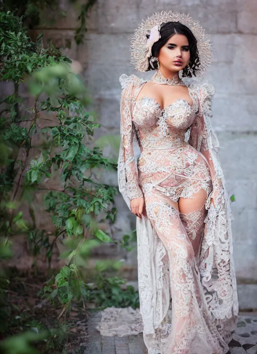 Image similar to portrait of demi rose wearing kebaya in java, by charlotte grimm, natural light, detailed face, beautiful features, symmetrical, canon eos c 3 0 0, ƒ 1. 8, 3 5 mm, 8 k, medium - format print, half body shot