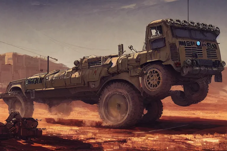 Image similar to dieselpunk digital illustration of mad max's bmw m 1 himars by makoto shinkai, ilya kuvshinov, lois van baarle, rossdraws, basquiat