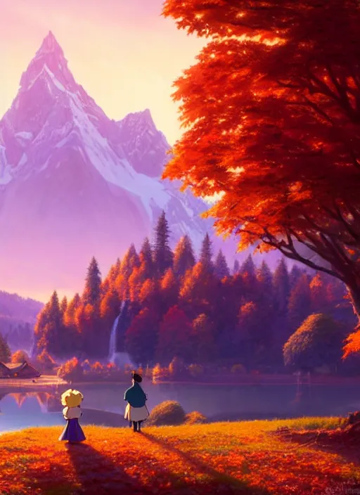 Image similar to a wholesome animation key shot, castle in the middle, swiss alps in the background, autumn foliage in the foreground, studio ghibli, pixar and disney animation, sharp, rendered in unreal engine 5, anime key art by greg rutkowski, bloom, dramatic lighting