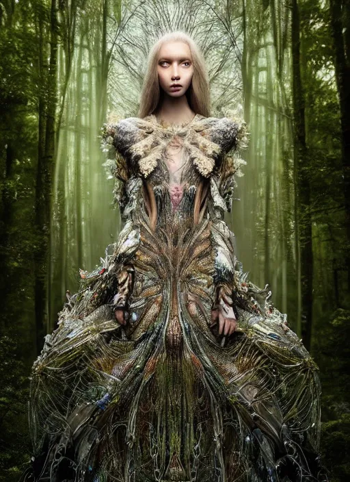 Prompt: a beautiful hyperrealistic ultradetailed 3D, one girl long hair in a magnificent McQueen couture clothes on the background of a futuristic forest, very coherent symmetrical artwork, perfect face, face mask jewelry, Designer clothes, futuristic clothes, clothes from the future, biopunk, voge photo, fashion style, fullbody, in full growth, photorealistic, high resolution, trending on artstation, highly detailed, volumetric lighting, elegant, details, good clear quality, volumetric lighting, Tree roots, portrait, moss