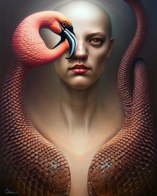 Image similar to a detailed portrait of dreampunk flamingo python hybrid mix by tomasz alen kopera and peter mohrbacher