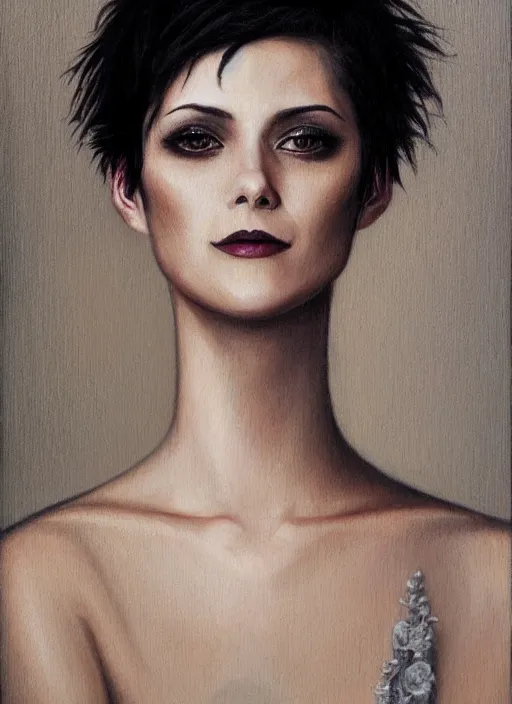 Prompt: Beautiful oil painting of Alice Cullen by Chie Yoshii, portrait, pale skin, short black pixie cut hair, smiling, symmetrical face, round face, cute, black dress, Ashley Greene, dramatic lighting, twilight, sharp focus, smooth, happy