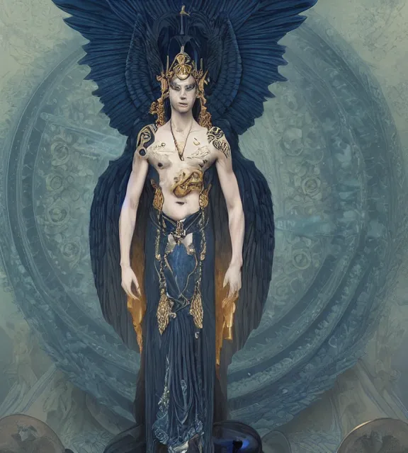 Image similar to male, god of death, in the underworld, elegant dark blue dress, very detailed, throne, very intricate details, jewelry, gold line tattoos, elaborate long hairstyle, wings, cinematic, artstation, william bouguereau, alphonse mucha, greg rutkowski, rossdraws, octane render