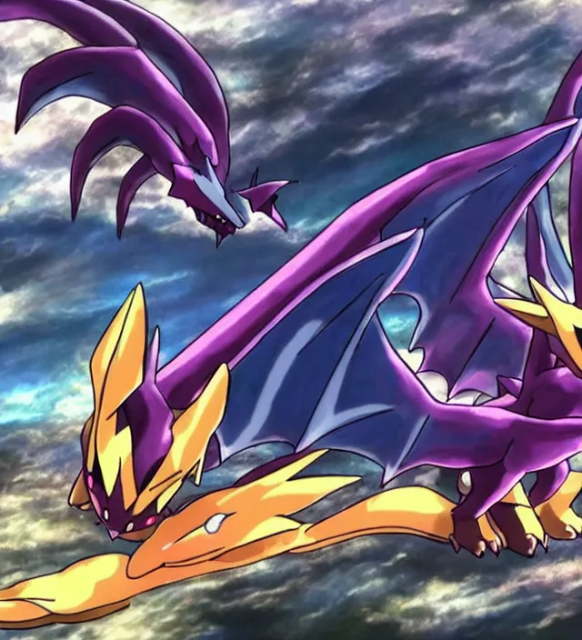 Prompt: a telescope footage of a massive pokemon dragon inspired by yu - gi - oh