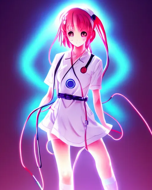 Image similar to anime style, vivid, expressive, full body, 4 k, painting, a cute magical girl with a long wavy hair wearing a nurse outfit, correct proportions, stunning, realistic light and shadow effects, neon lights, studio ghibly makoto shinkai yuji yamaguchi