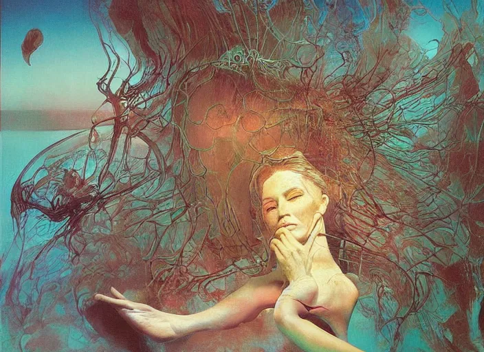 Prompt: dreamscape in a jar, gorgeous lighting, highly detailed, by zdzisław beksinski and francis bacon, art by dave mckean and rowena morrill and jeanbaptiste monge, computer aesthetic, vaporwave