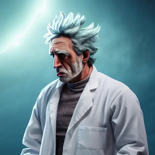 Image similar to portrait of real life rick sanchez wearing white lab coat. drool coming out of mouth. photo realism. dramatic lighting. alien planet background. 4 k