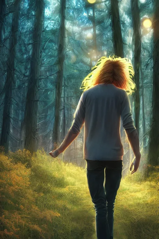 Image similar to pretty young man with long golden blond hair, hair made of gold, demure, slender, back view, lost, trees, detailed forest background, webtoon, breathtaking scenery, colourful, 8 k, graphic novel, digital art trending on artstation, volumetric lighting, octane render, cinematic, hyper detailed, magical atmosphere, magical forest