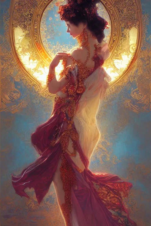 Image similar to tarot card artstation, portrait of a ravishing love dancer, sunrise, baroque ornament and rococo ornament, ancient chinese ornate, hyperdetailed, beautiful lighting, craig mullins, mucha, klimt, yoshitaka amano, depth, red and gold and orange color palette