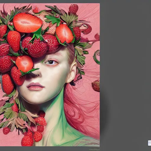 Image similar to the portrait of an absurdly beautiful, graceful, elegant, sophisticated woman made of strawberries and green petals, an ultrafine hyperdetailed illustration by kim jung gi, irakli nadar, ratio, intricate linework, bright colors, octopath traveler, final fantasy, unreal engine 5 highly rendered, global illumination, radiant light, detailed and intricate environment